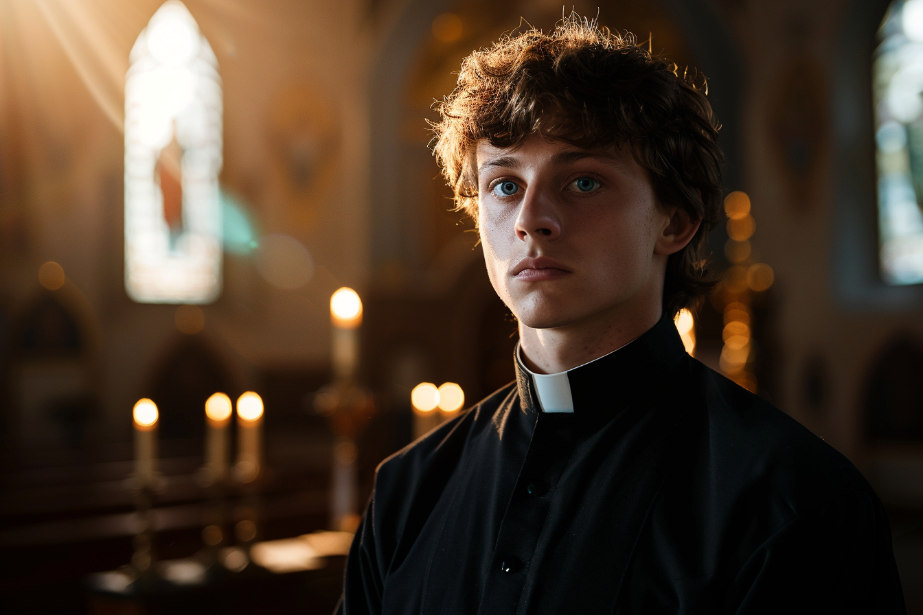 Image gratuite Jeune prêtre, cheveux bruns, yeux bleus, chapelle 2