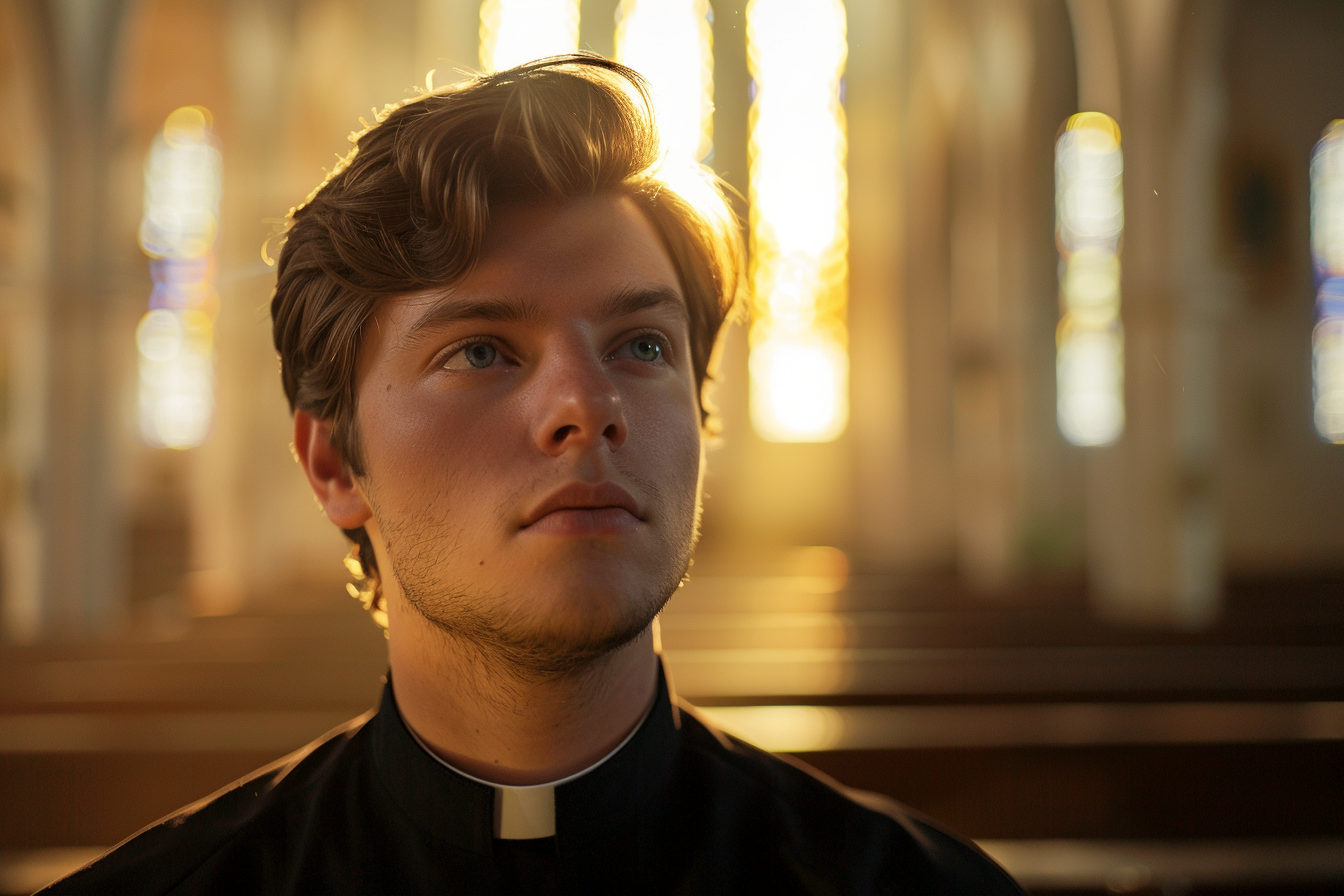Image gratuite Jeune prêtre, cheveux bruns, yeux bleus, chapelle 3