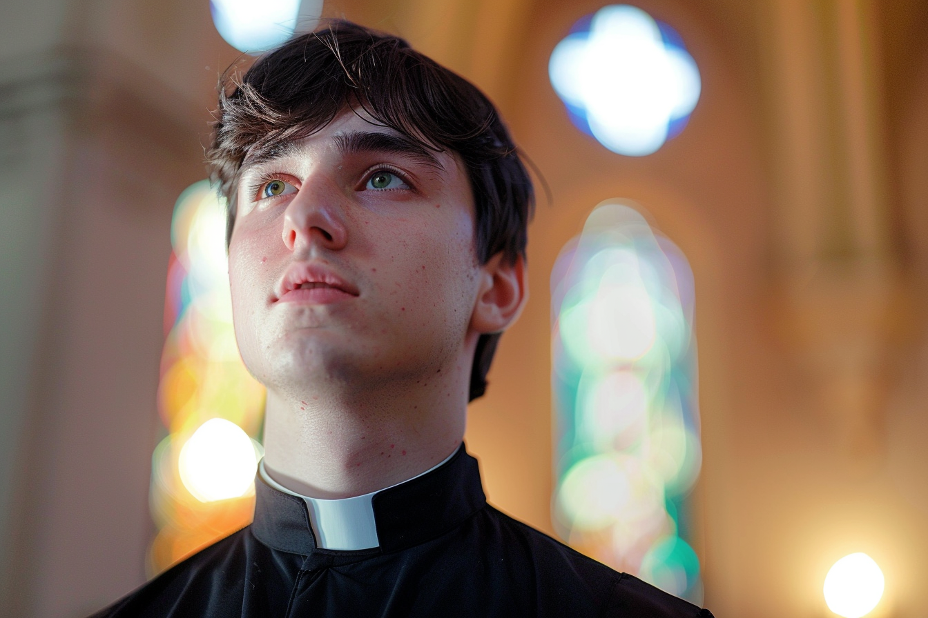 Image gratuite Jeune prêtre, cheveux noirs, yeux verts, église 1