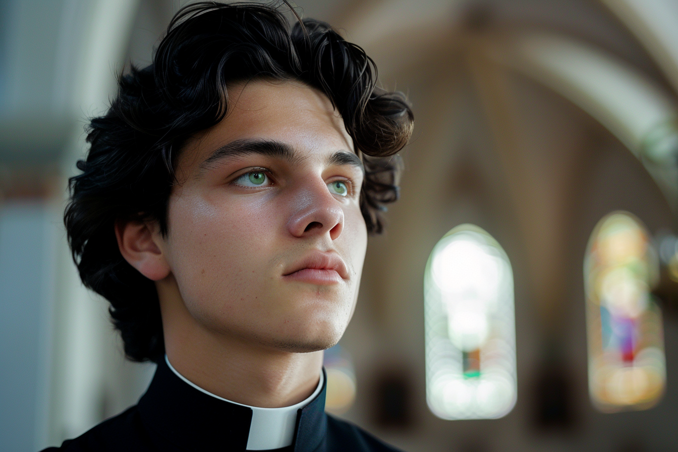 Image gratuite Jeune prêtre, cheveux noirs, yeux verts, église 2