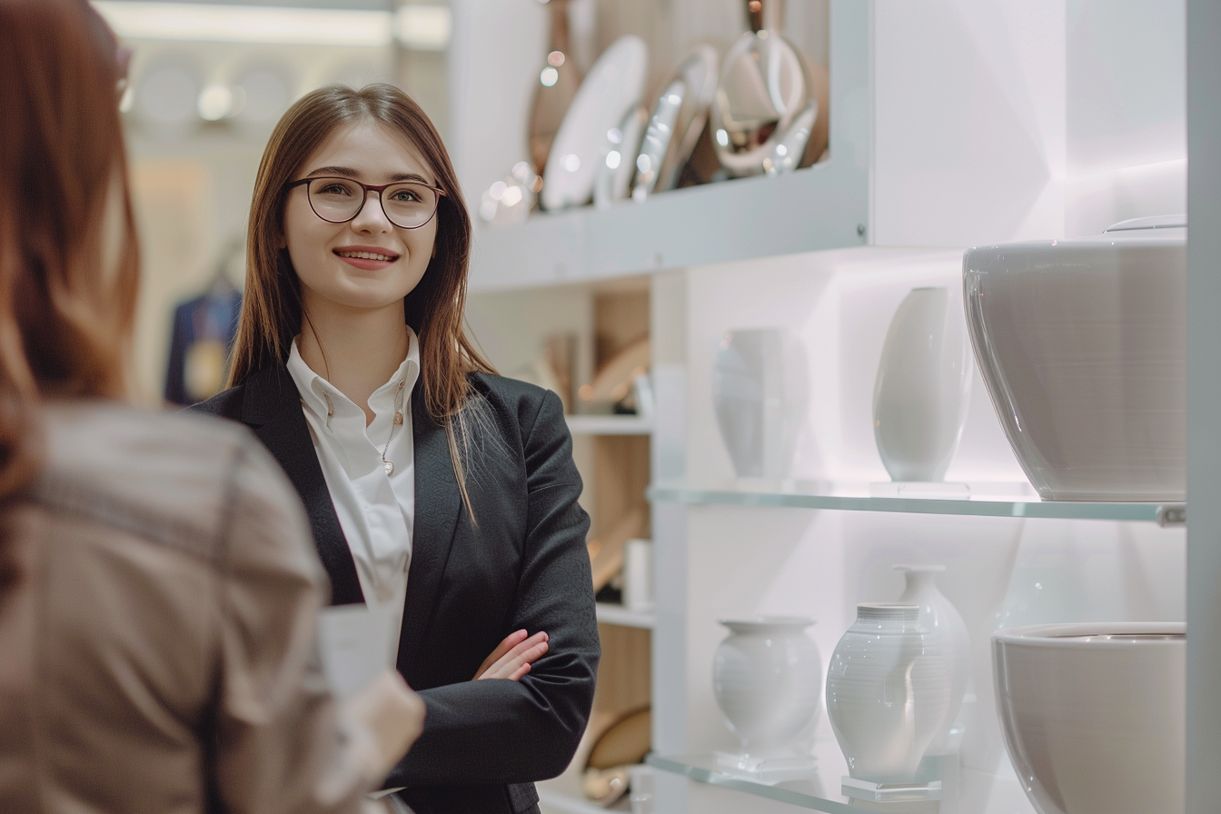 Image gratuite Jeune vendeuse, costume formel, présentation produit 6