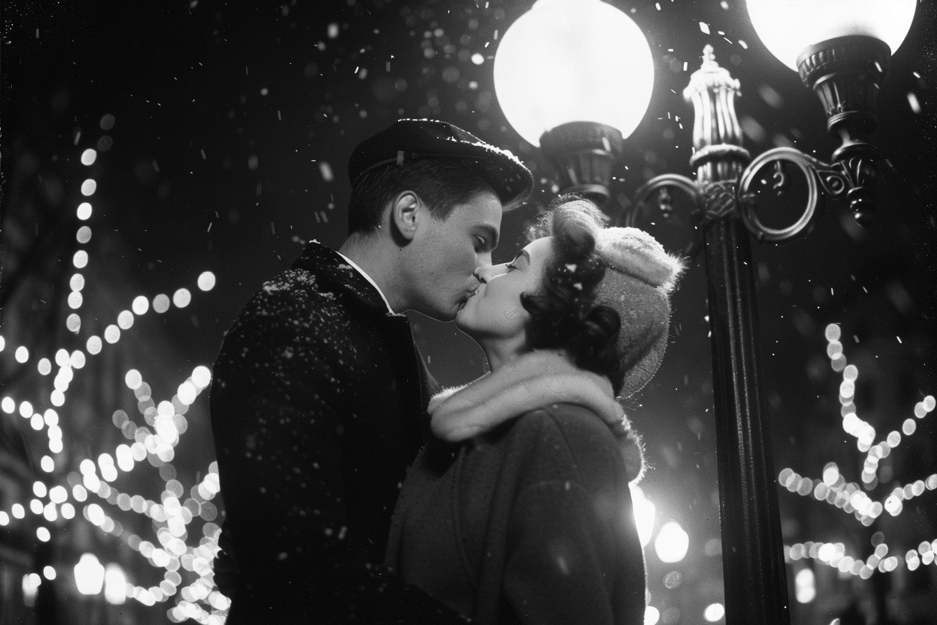 Image gratuite Jeunes, manteaux, baiser sous réverbère, place ville, Nouvel An 2