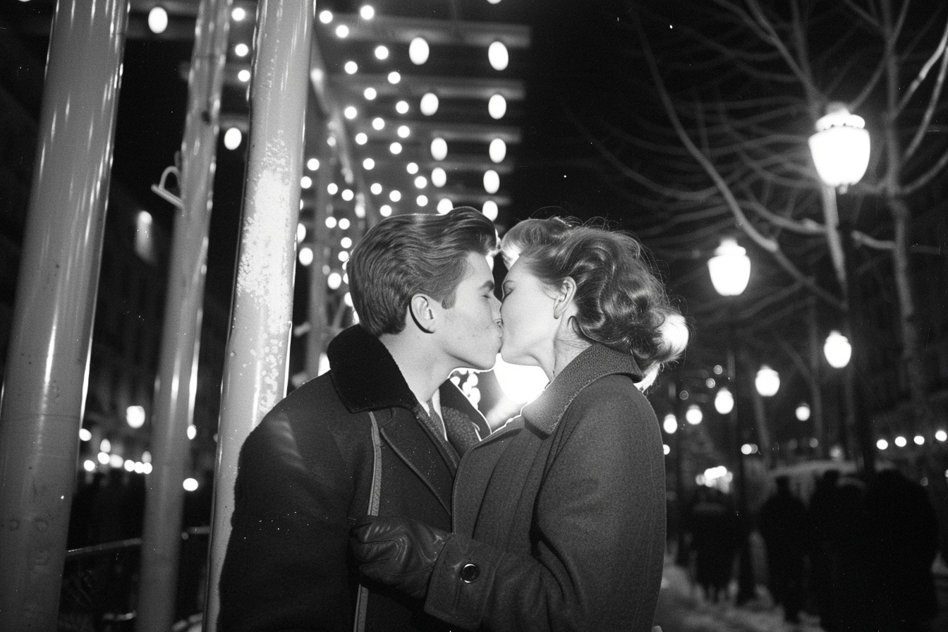 Image gratuite Jeunes, manteaux, baiser sous réverbère, place ville, Nouvel An 3