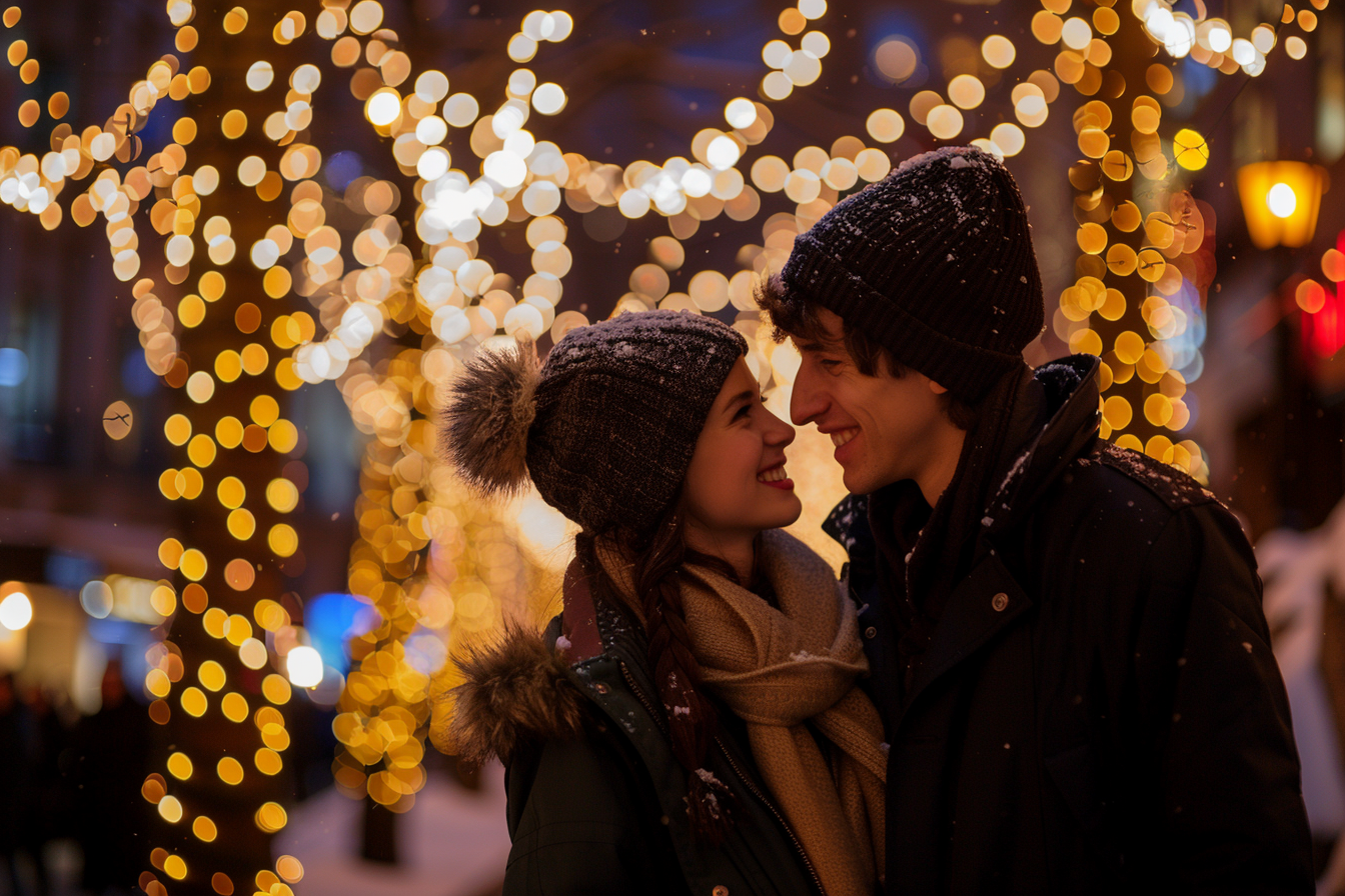 Image gratuite Jeunes, manteaux, moment romantique, lumières Nouvel An, place 1