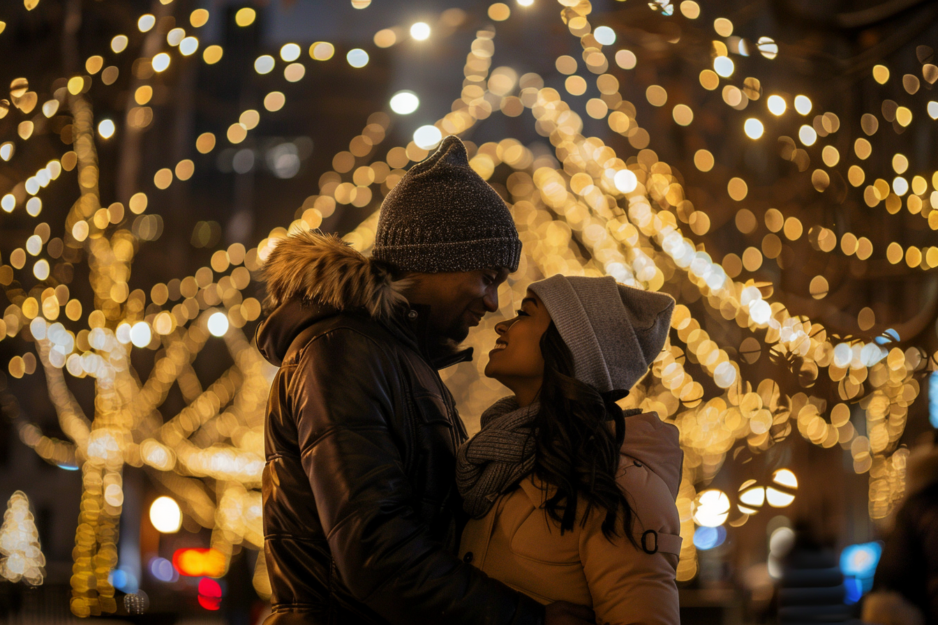 Image gratuite Jeunes, manteaux, moment romantique, lumières Nouvel An, place 2