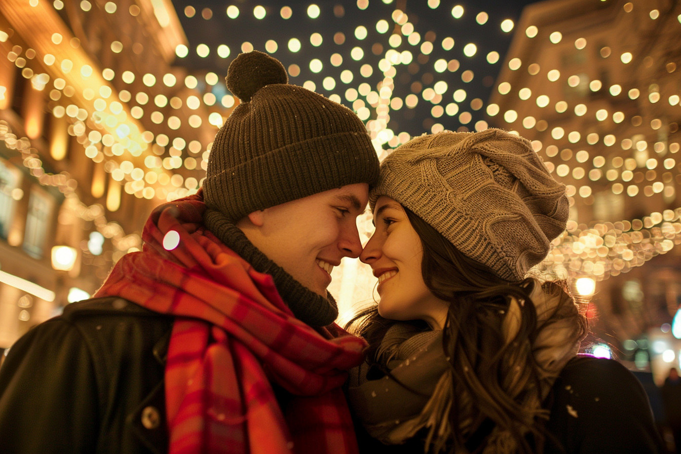 Image gratuite Jeunes, manteaux, moment romantique, lumières Nouvel An, place 3