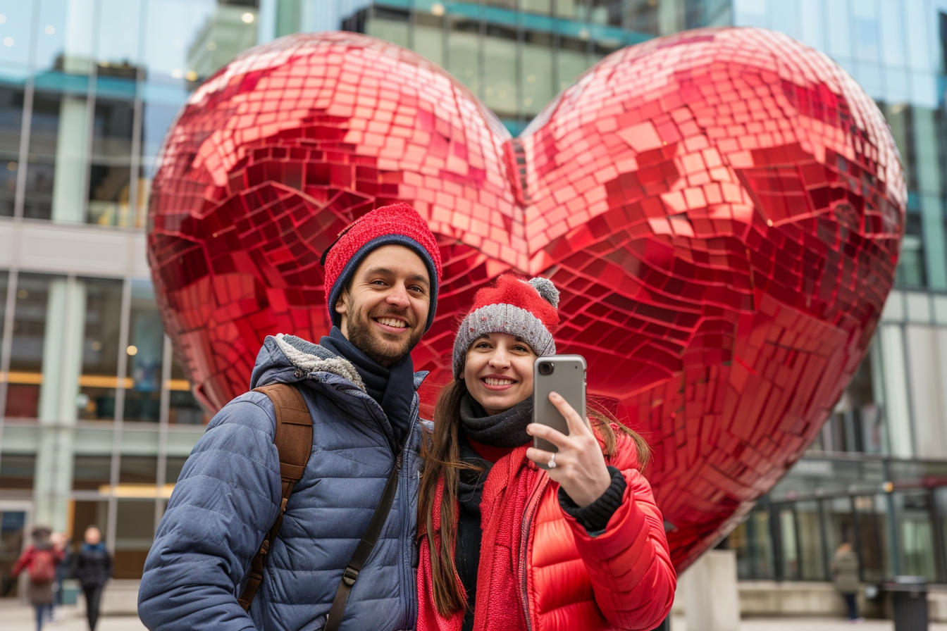 Image gratuite Jeunes, selfie, sculpture géante cœur, place ville, St-Valentin 1