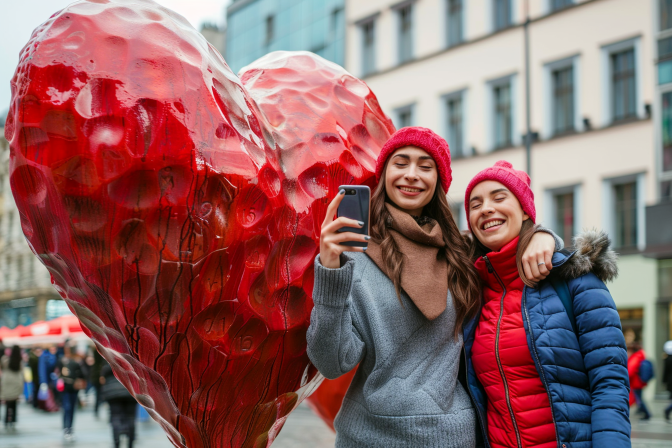 Image gratuite Jeunes, selfie, sculpture géante cœur, place ville, St-Valentin 2