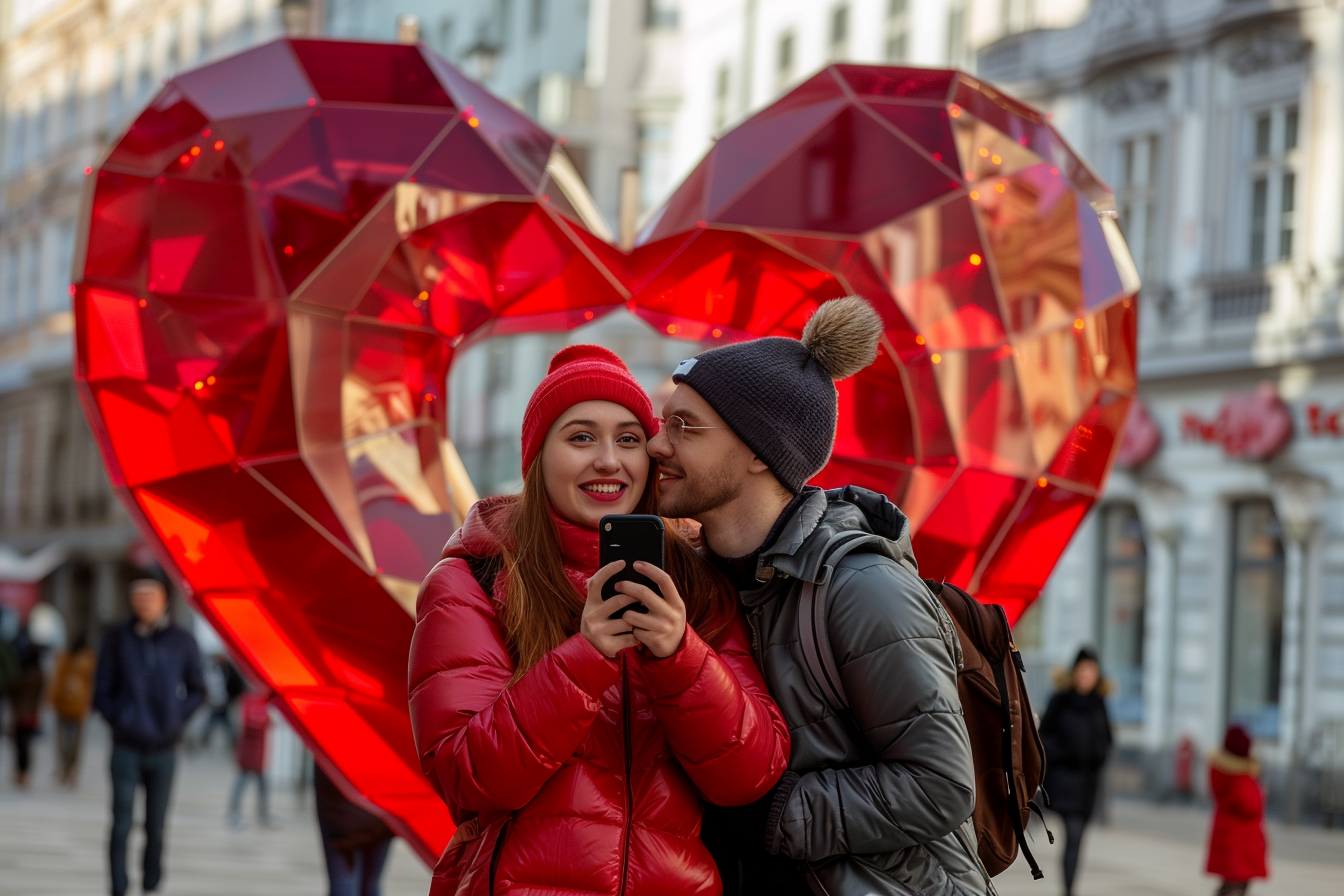 Image gratuite Jeunes, selfie, sculpture géante cœur, place ville, St-Valentin 3