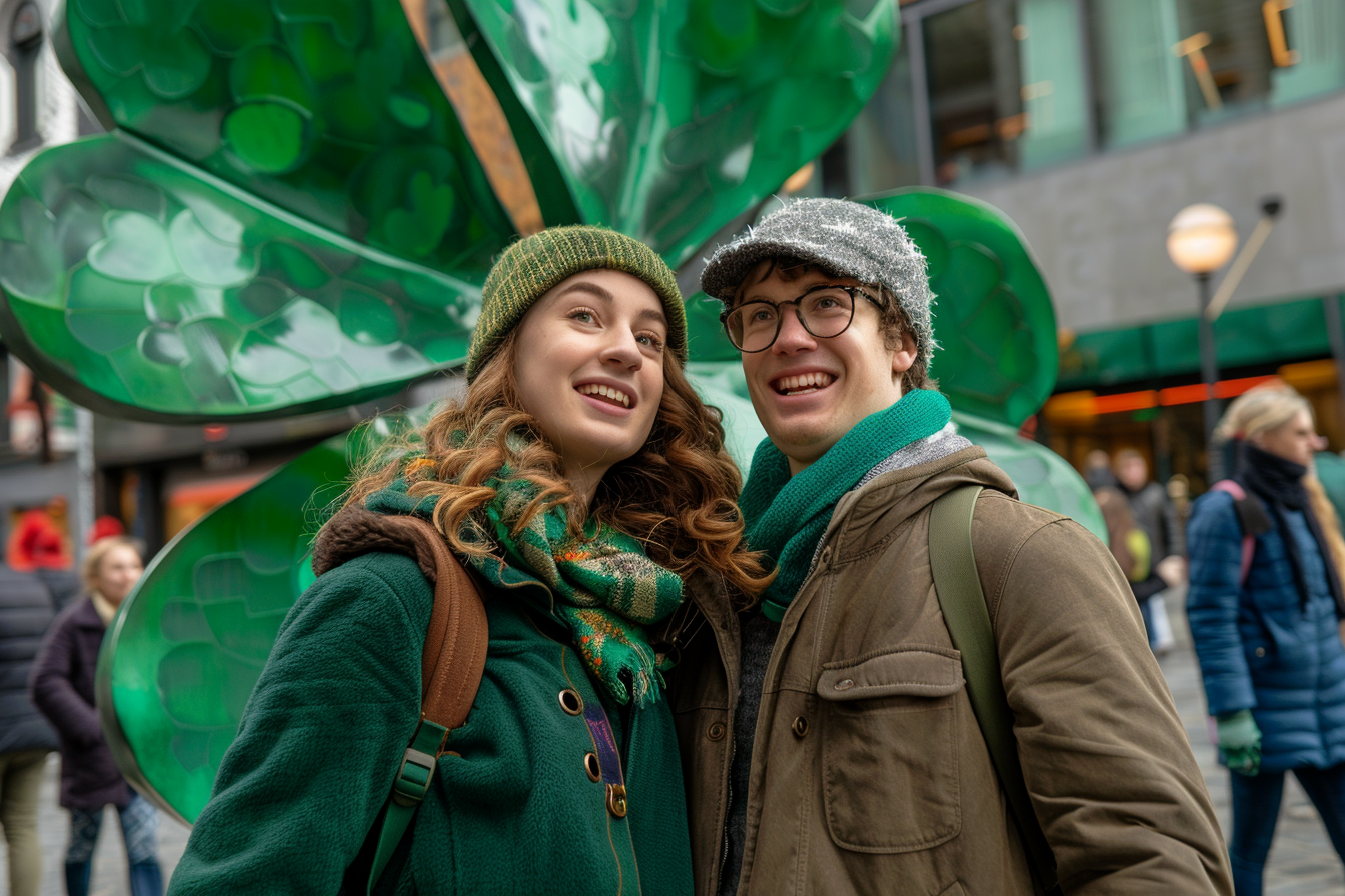 Image gratuite Jeunes verts, selfie, sculpture géante trèfle, place ville 2