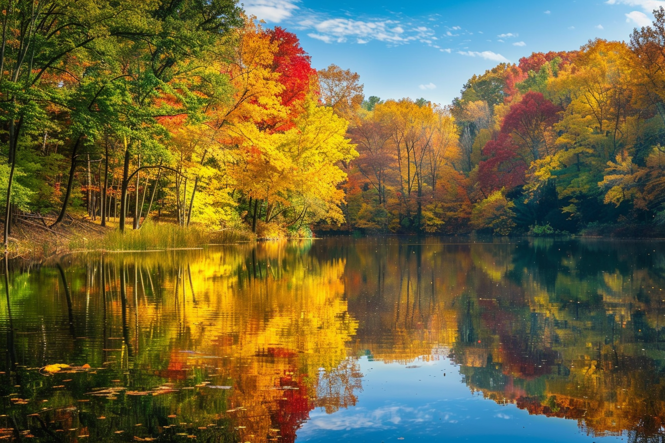 Image gratuite Lac paisible entouré d&rsquo;arbres automnaux 1