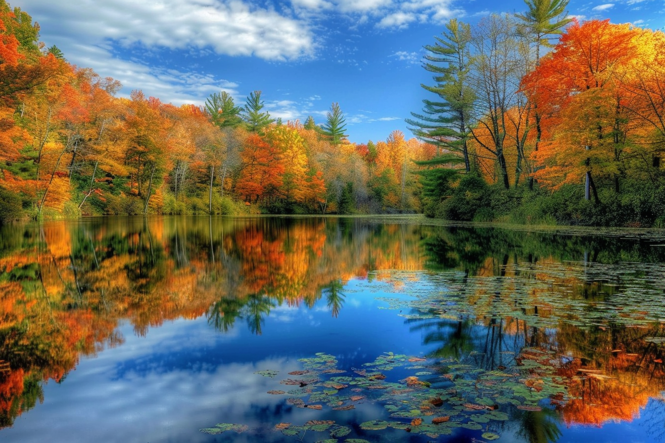 Image gratuite Lac paisible entouré d&rsquo;arbres automnaux 2