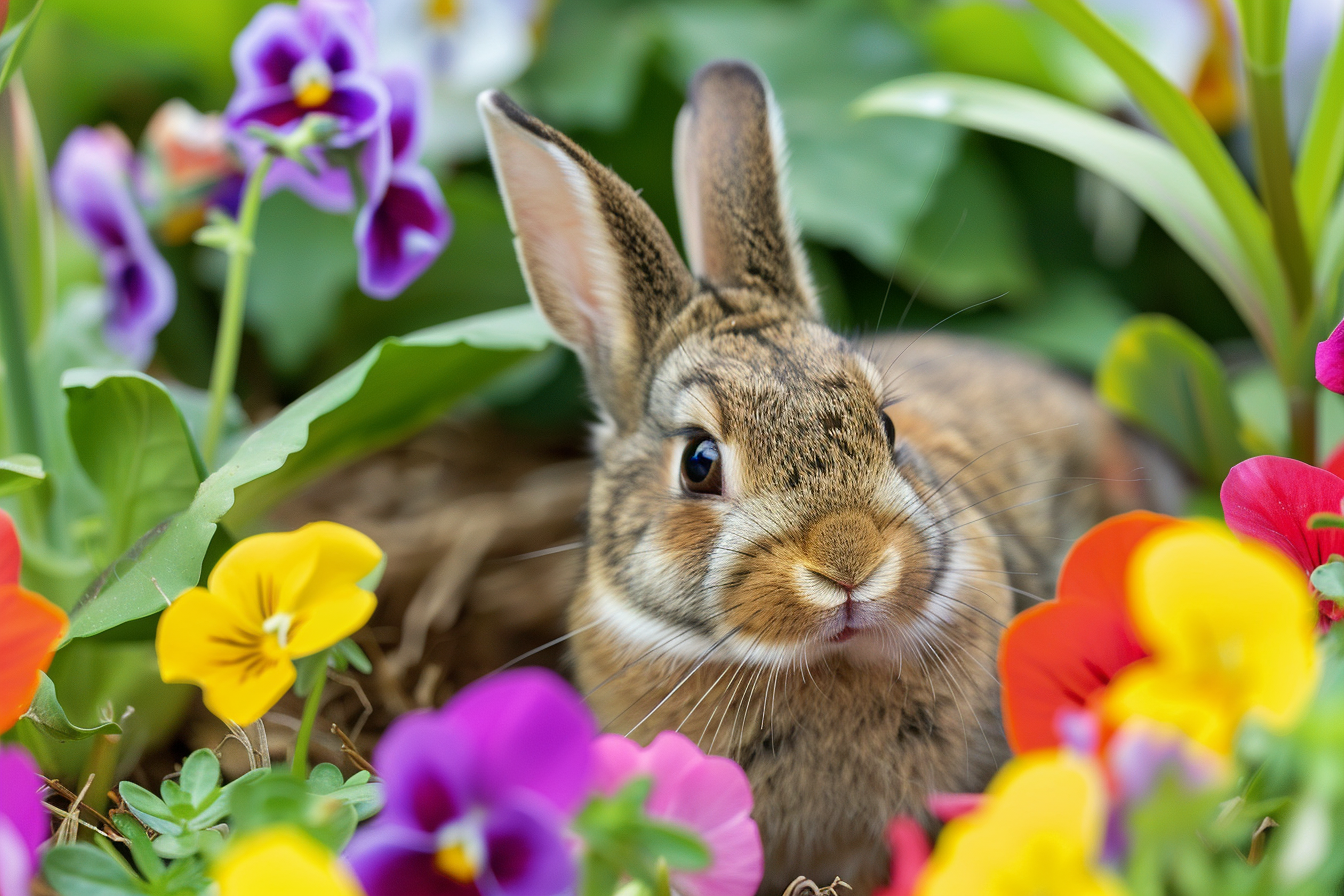 Image gratuite Lapereau curieux derrière fleurs 1