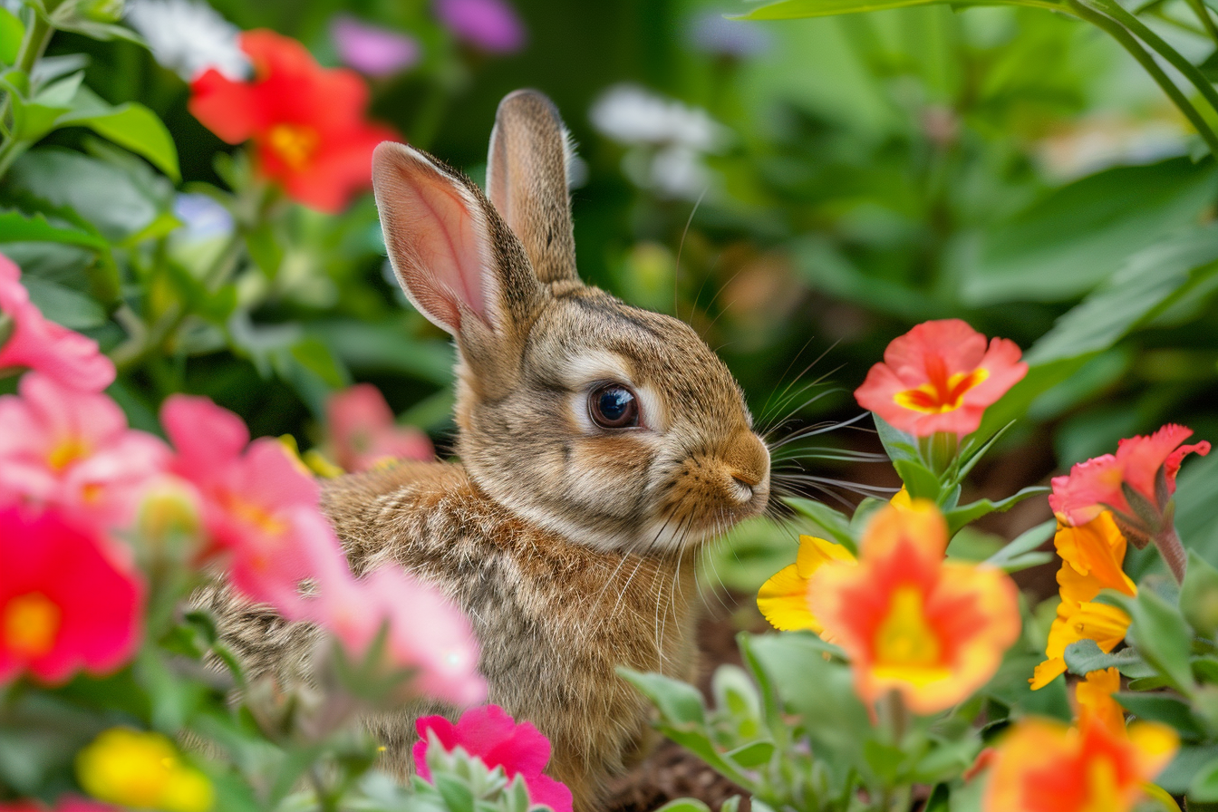 Image gratuite Lapereau curieux derrière fleurs 2