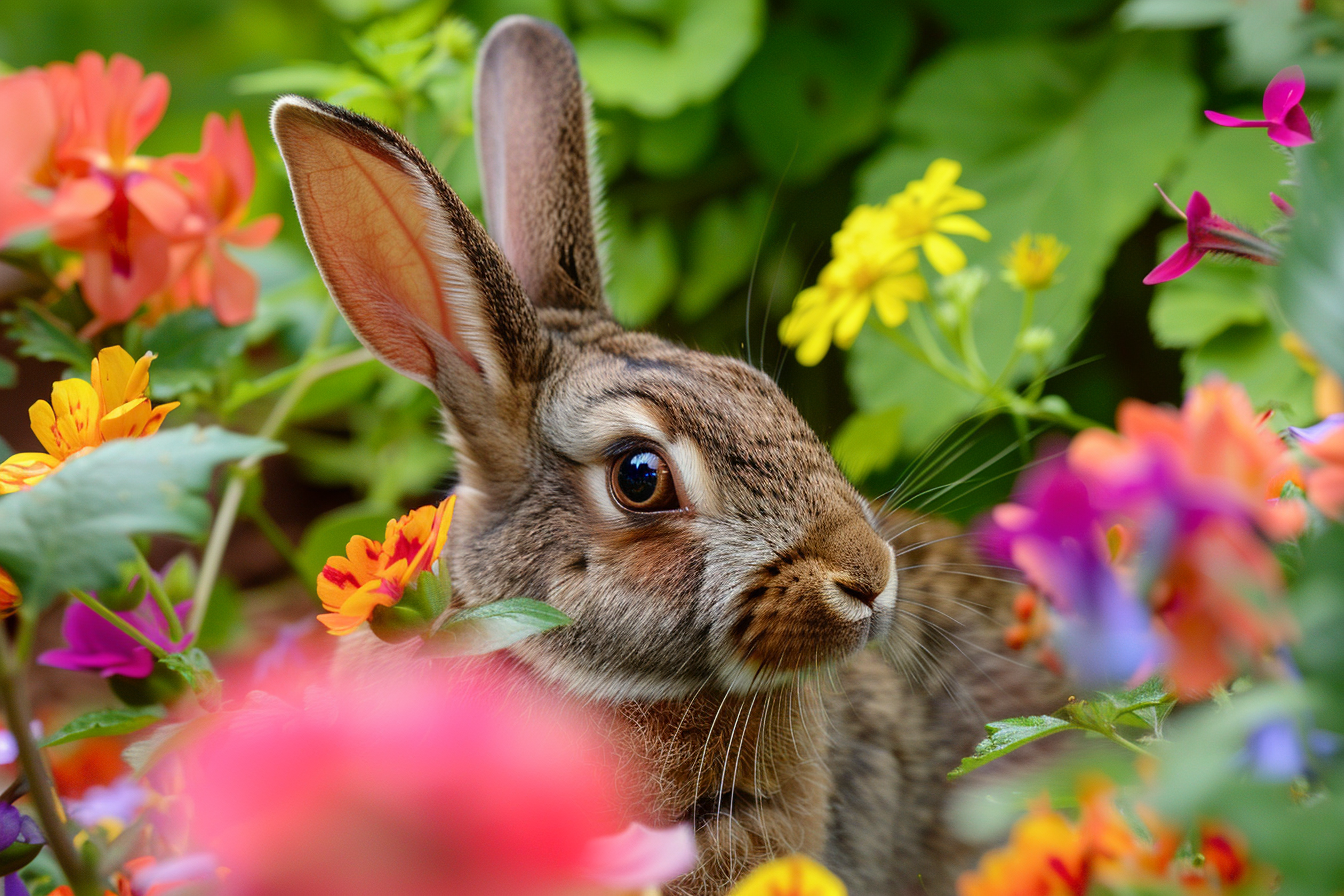 Image gratuite Lapereau curieux derrière fleurs 3