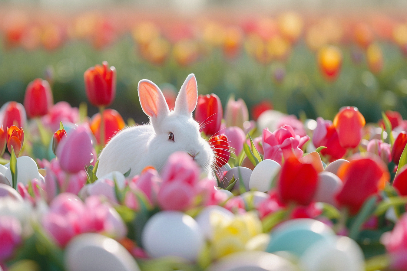 Image gratuite Lapin blanc, œufs de Pâques, champ de tulipes 1