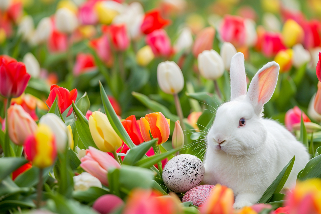 Image gratuite Lapin blanc, œufs de Pâques, champ de tulipes 2