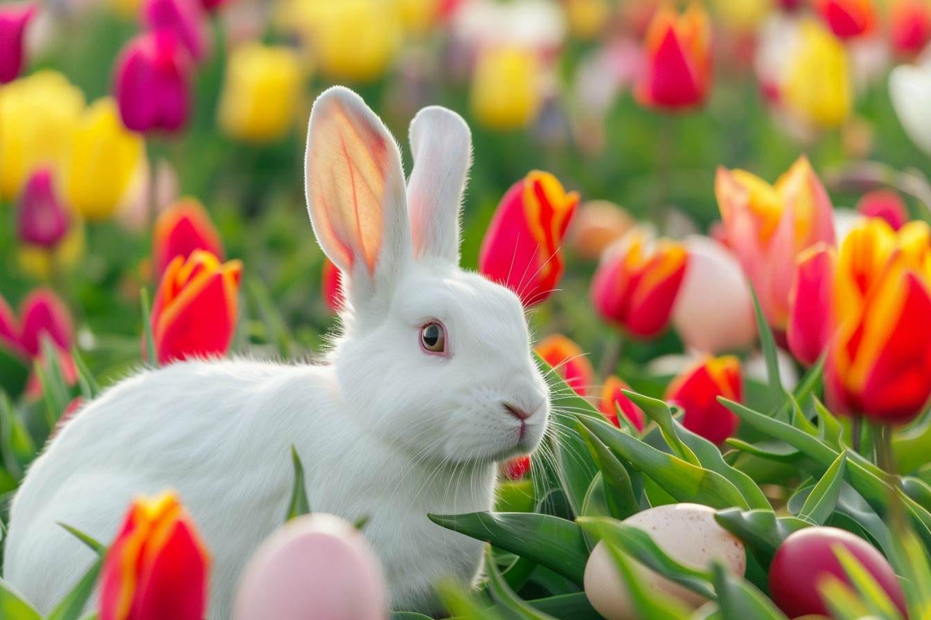 Image gratuite Lapin blanc, œufs de Pâques, champ de tulipes 3
