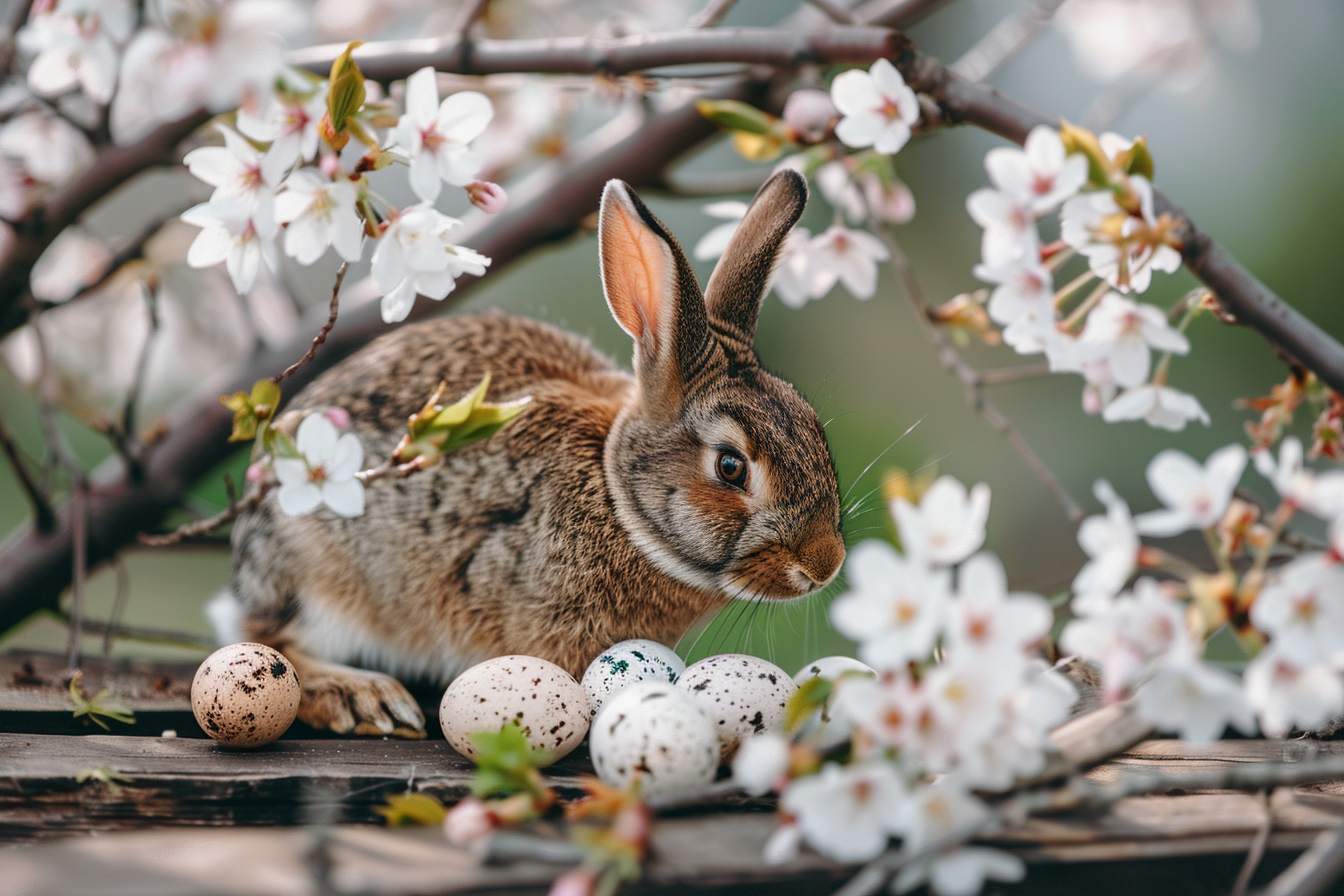 Image gratuite Lapin brun, œufs de Pâques, cerisier en fleurs 1