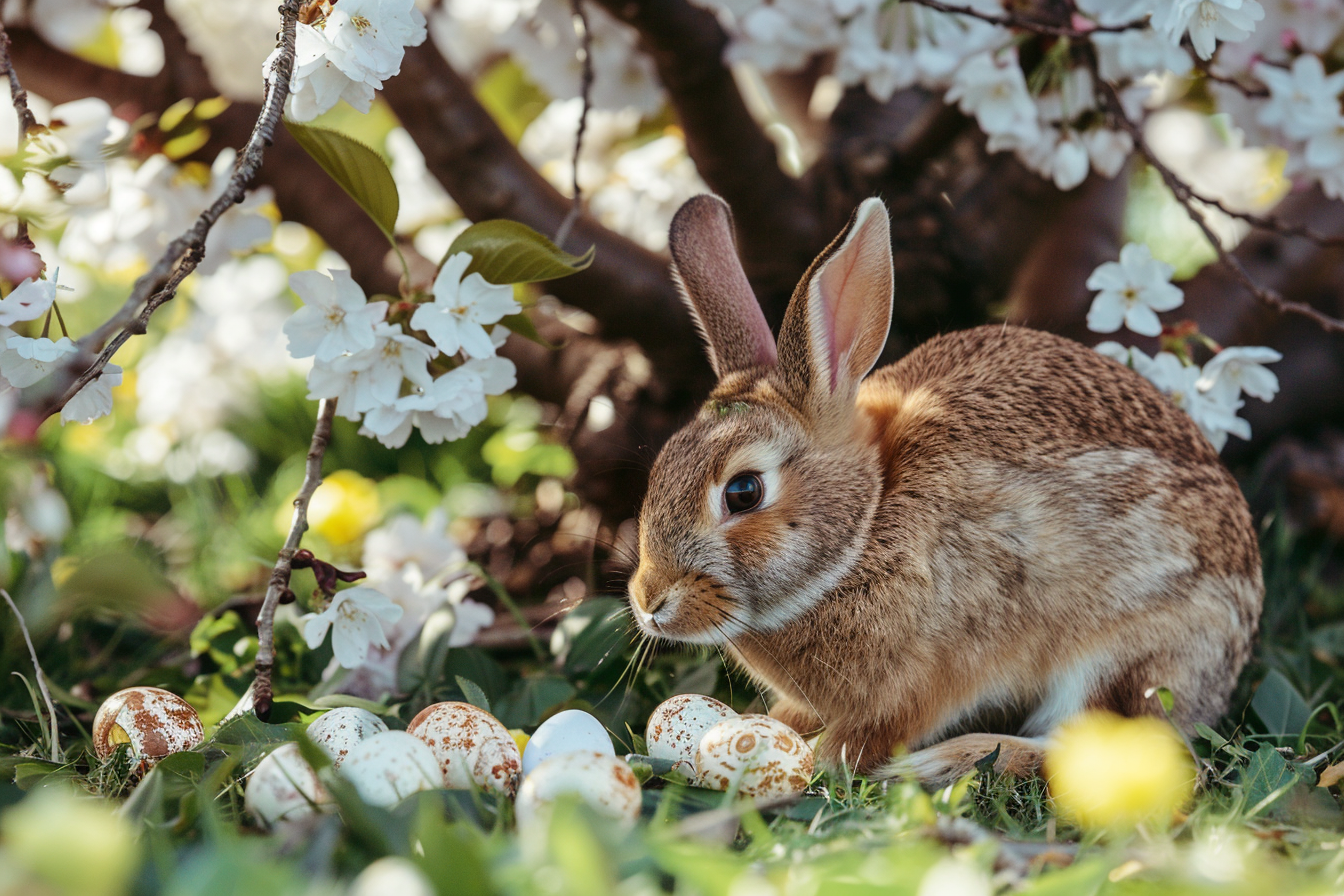 Image gratuite Lapin brun, œufs de Pâques, cerisier en fleurs 2