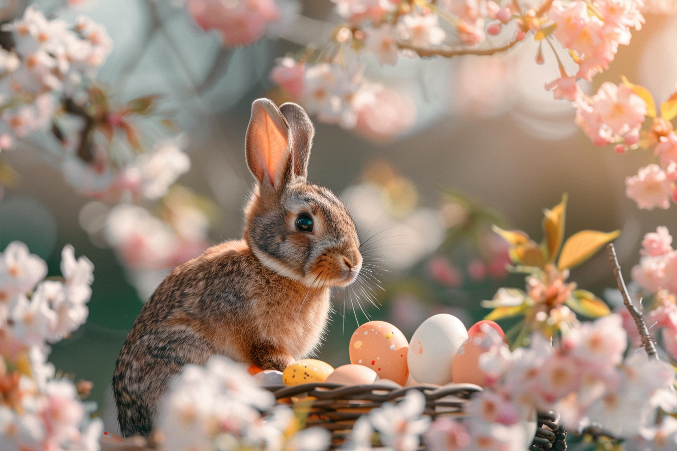 Image gratuite Lapin brun, œufs de Pâques, cerisier en fleurs 3