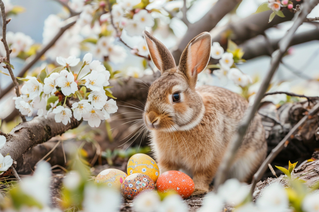Image gratuite Lapin brun, œufs de Pâques, cerisier en fleurs 4