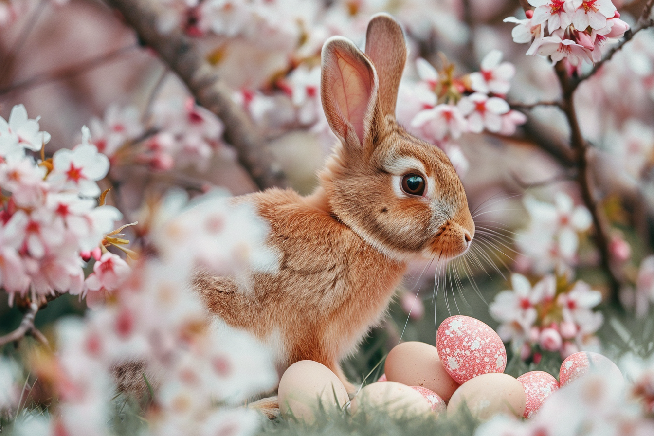 Image gratuite Lapin brun, œufs de Pâques, cerisier en fleurs 5