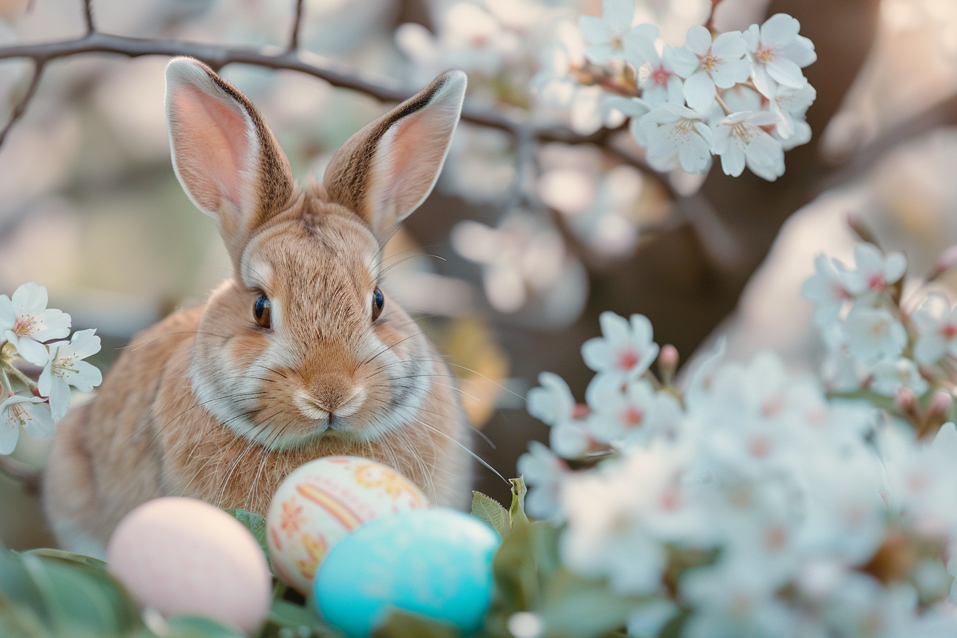 Image gratuite Lapin brun, œufs de Pâques, cerisier en fleurs 6