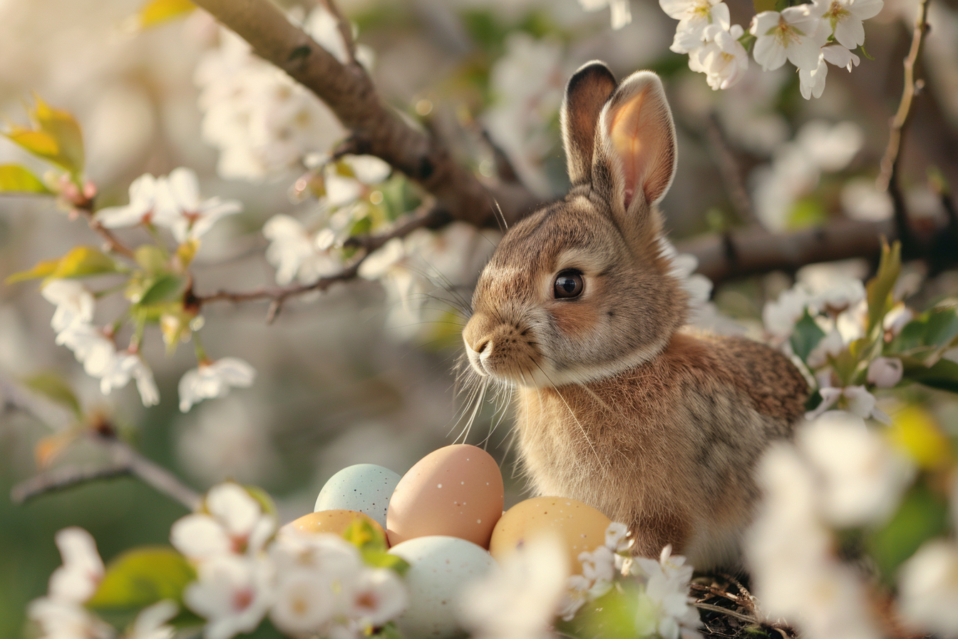 Image gratuite Lapin brun, œufs de Pâques, cerisier en fleurs 7