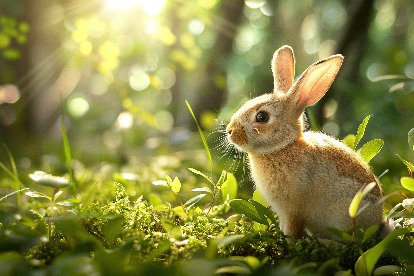 Image gratuite Lapin dans clairière, rayons de soleil, arbres 1