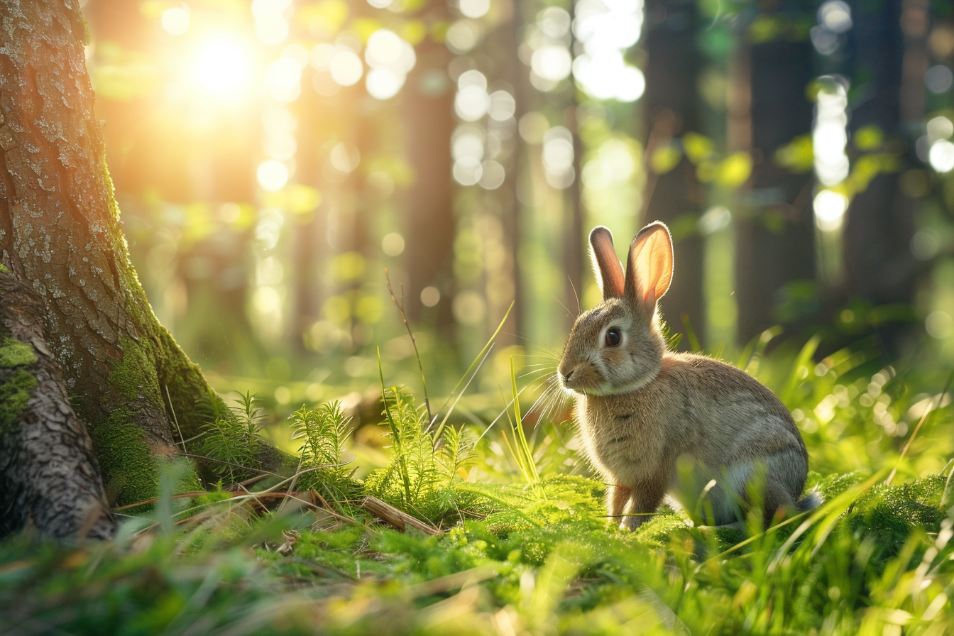 Image gratuite Lapin dans clairière, rayons de soleil, arbres 2