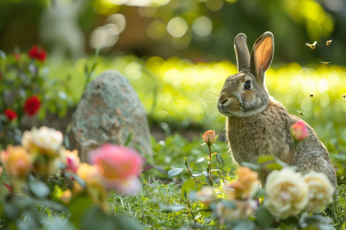 Image gratuite Lapin dans jardin, roses, abeilles bourdonnantes 1