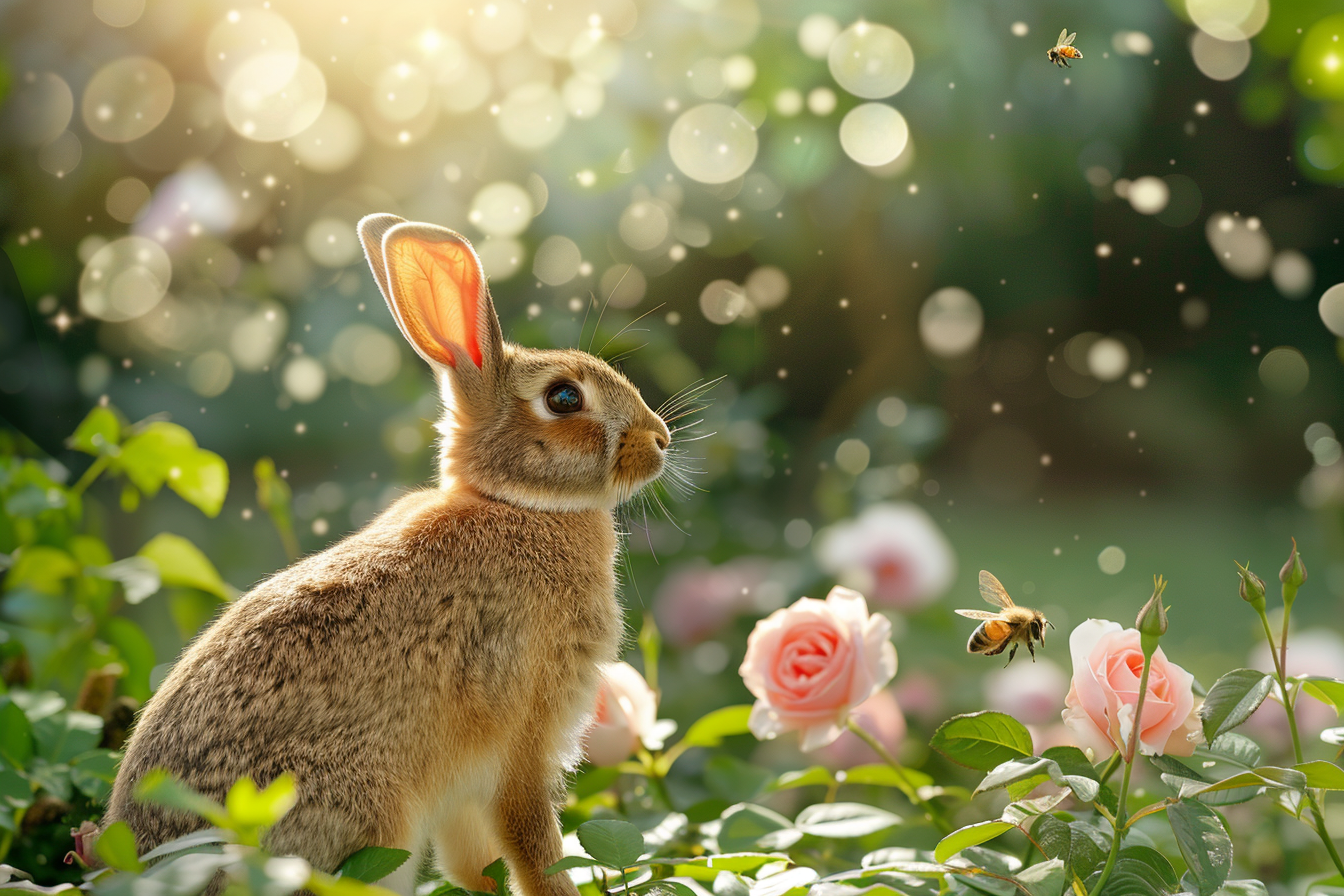 Image gratuite Lapin dans jardin, roses, abeilles bourdonnantes 2