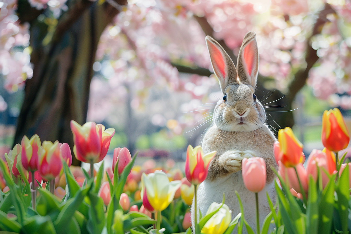 Image gratuite Lapin dans parc, tulipes, cerisiers fleuris 1