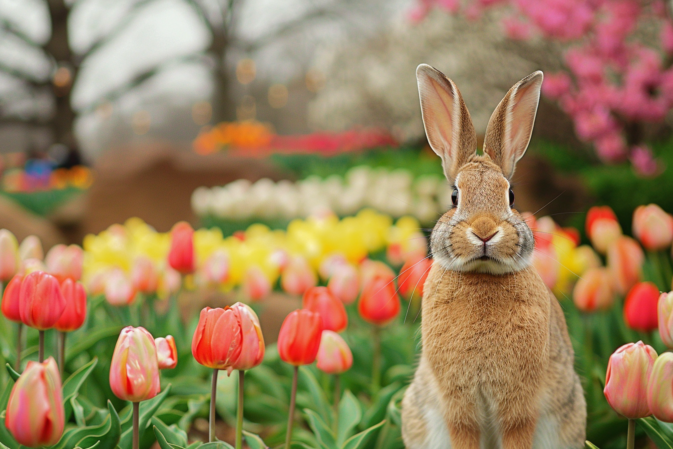 Image gratuite Lapin dans parc, tulipes, cerisiers fleuris 2