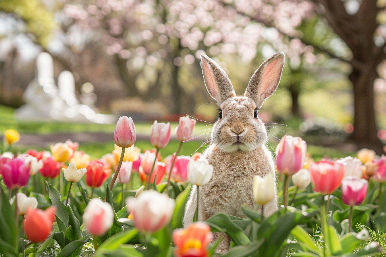 Image gratuite Lapin dans parc, tulipes, cerisiers fleuris 3