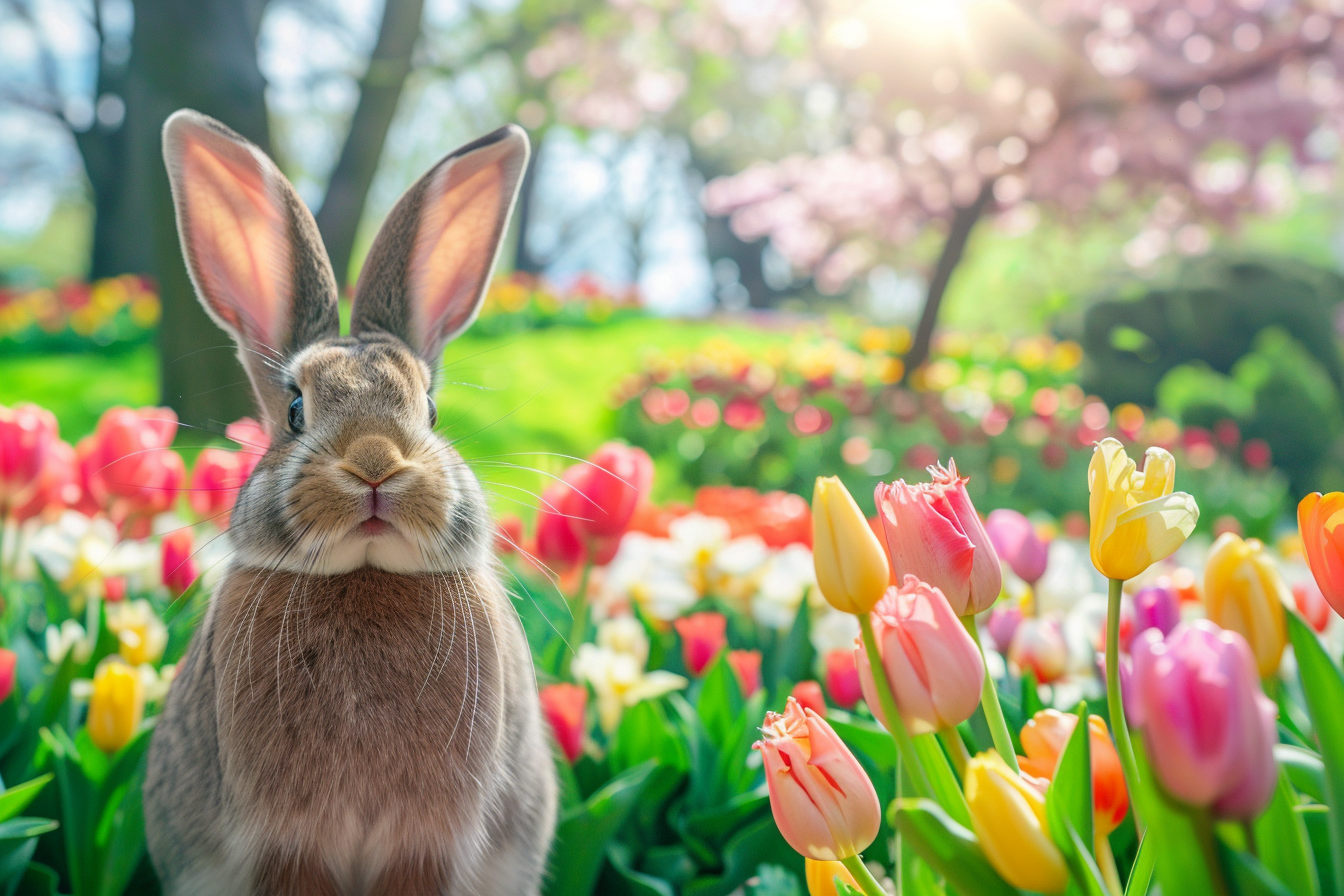 Image gratuite Lapin dans parc, tulipes, cerisiers fleuris 4