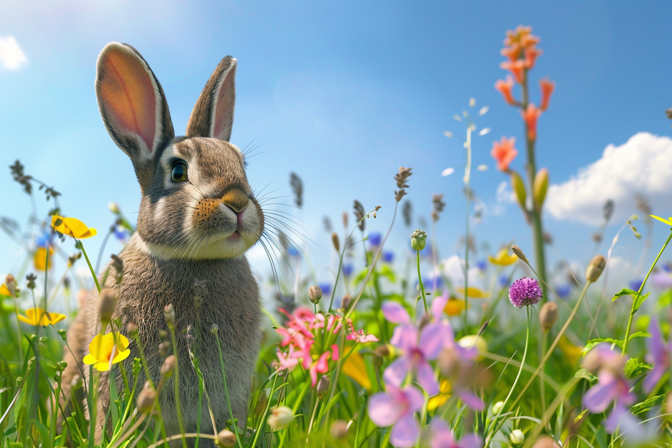 Image gratuite Lapin dans prairie, fleurs épanouies, ciel bleu clair 1