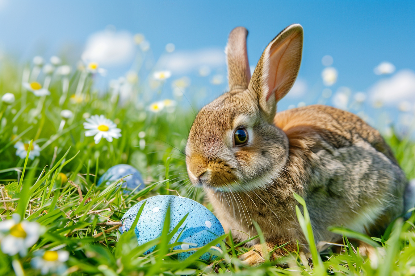 Image gratuite Lapin dans prairie, fleurs épanouies, ciel bleu clair 2
