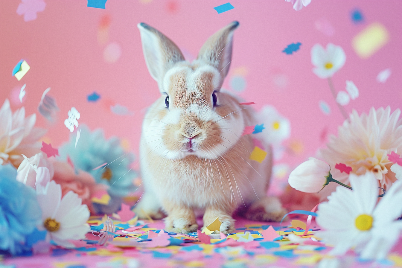 Image gratuite Lapin de Pâques coloré, fond rose, confettis, fleurs 1
