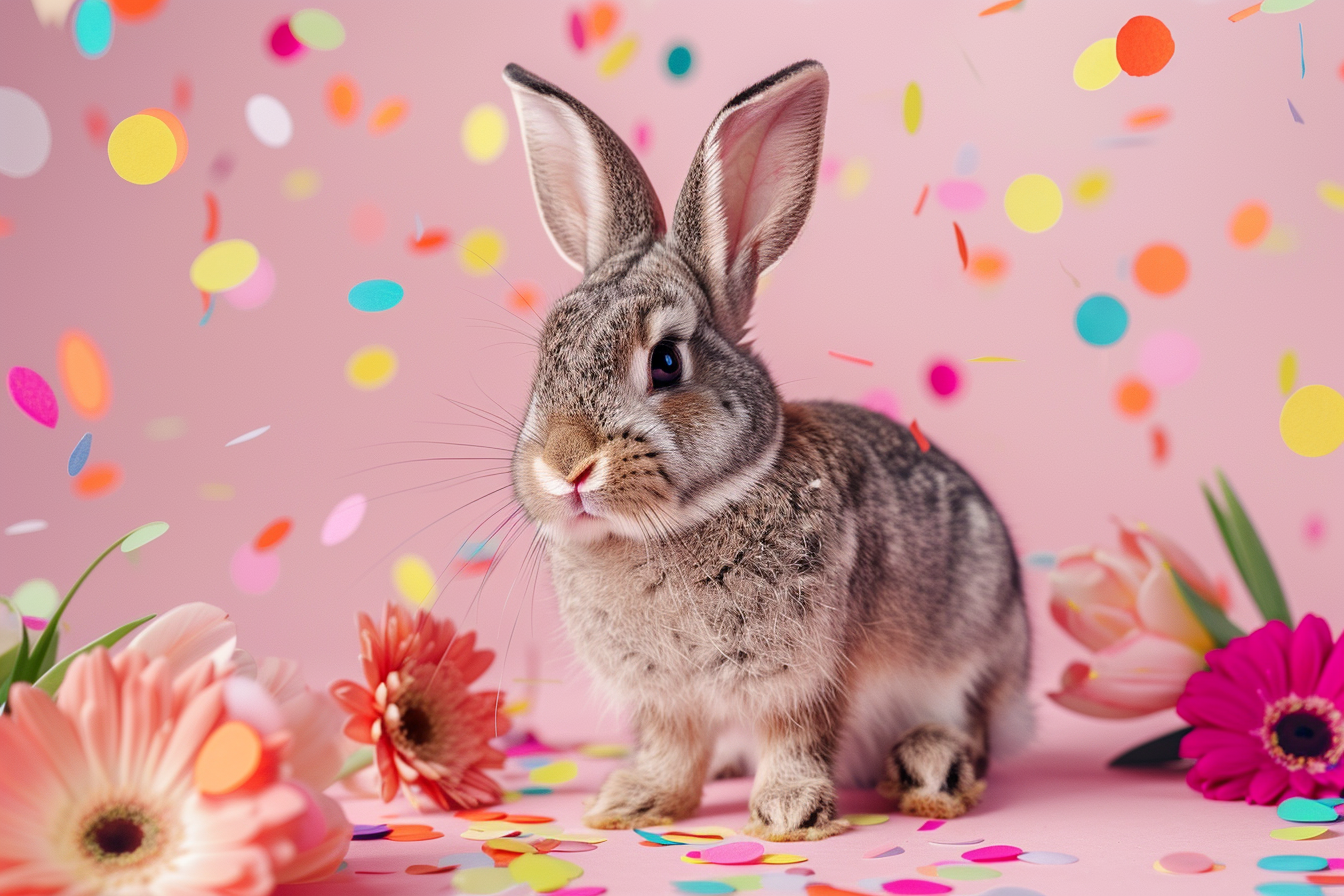 Image gratuite Lapin de Pâques coloré, fond rose, confettis, fleurs 2