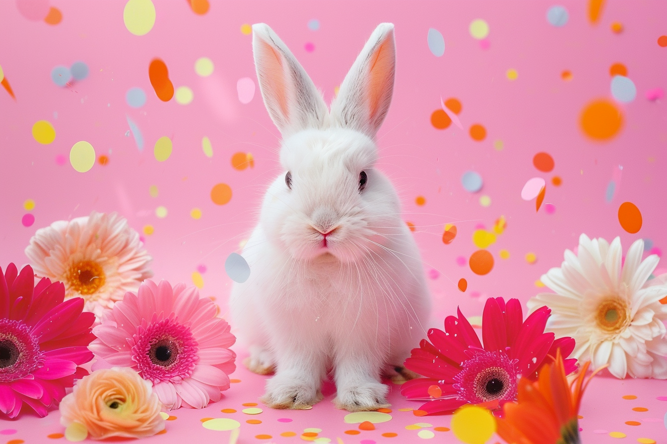 Image gratuite Lapin de Pâques coloré, fond rose, confettis, fleurs 3