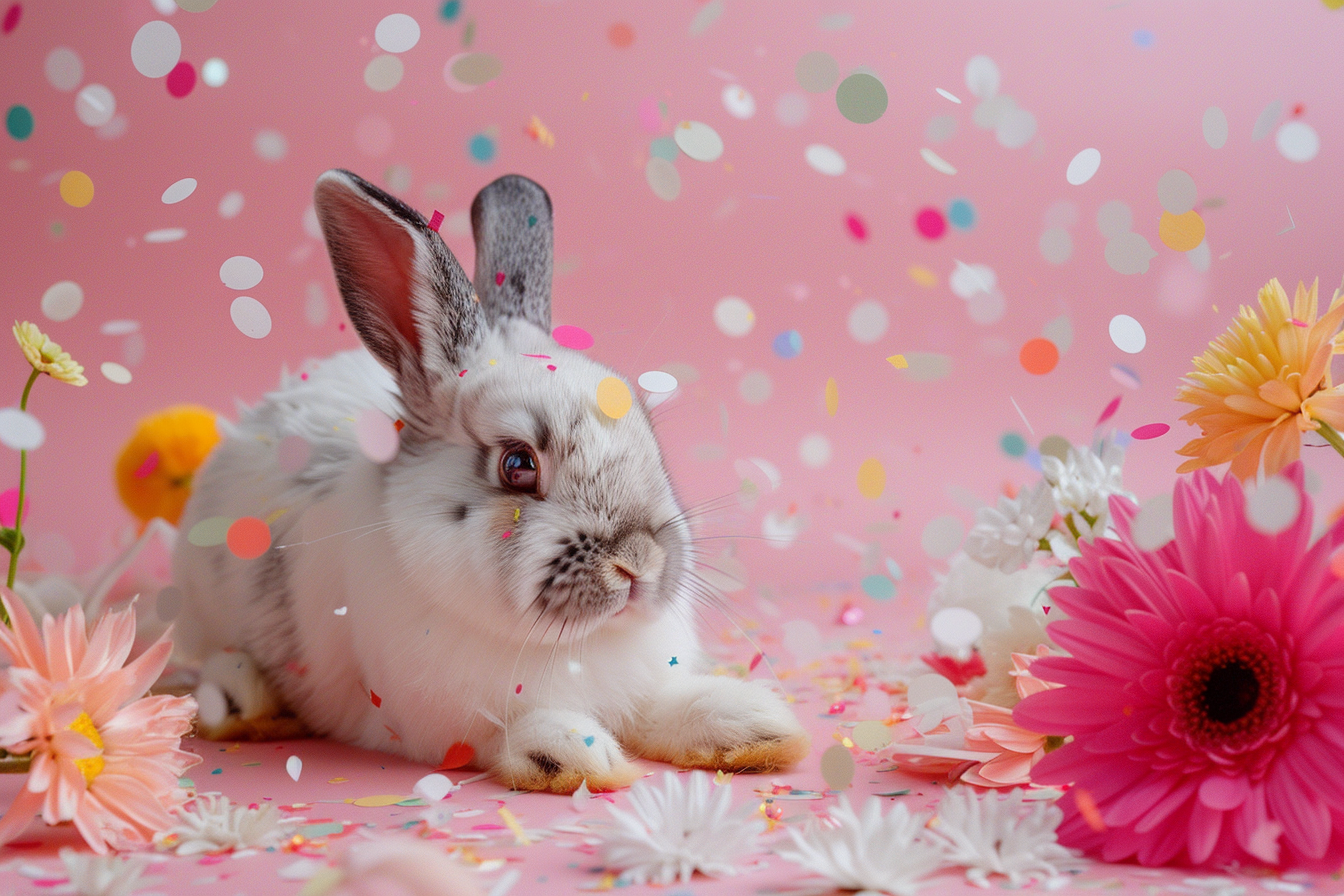 Image gratuite Lapin de Pâques coloré, fond rose, confettis, fleurs 4