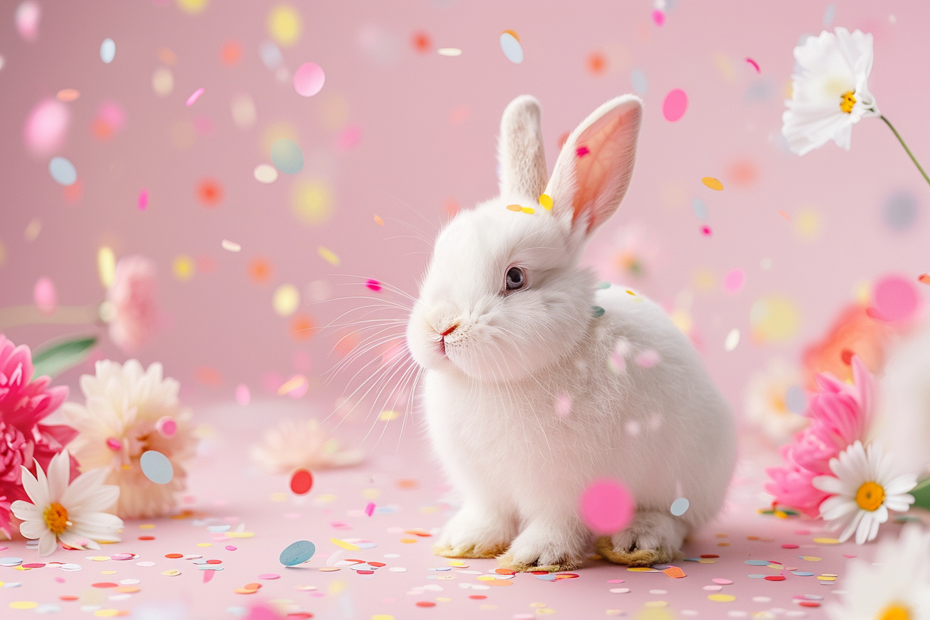 Image gratuite Lapin de Pâques coloré, fond rose, confettis, fleurs 5