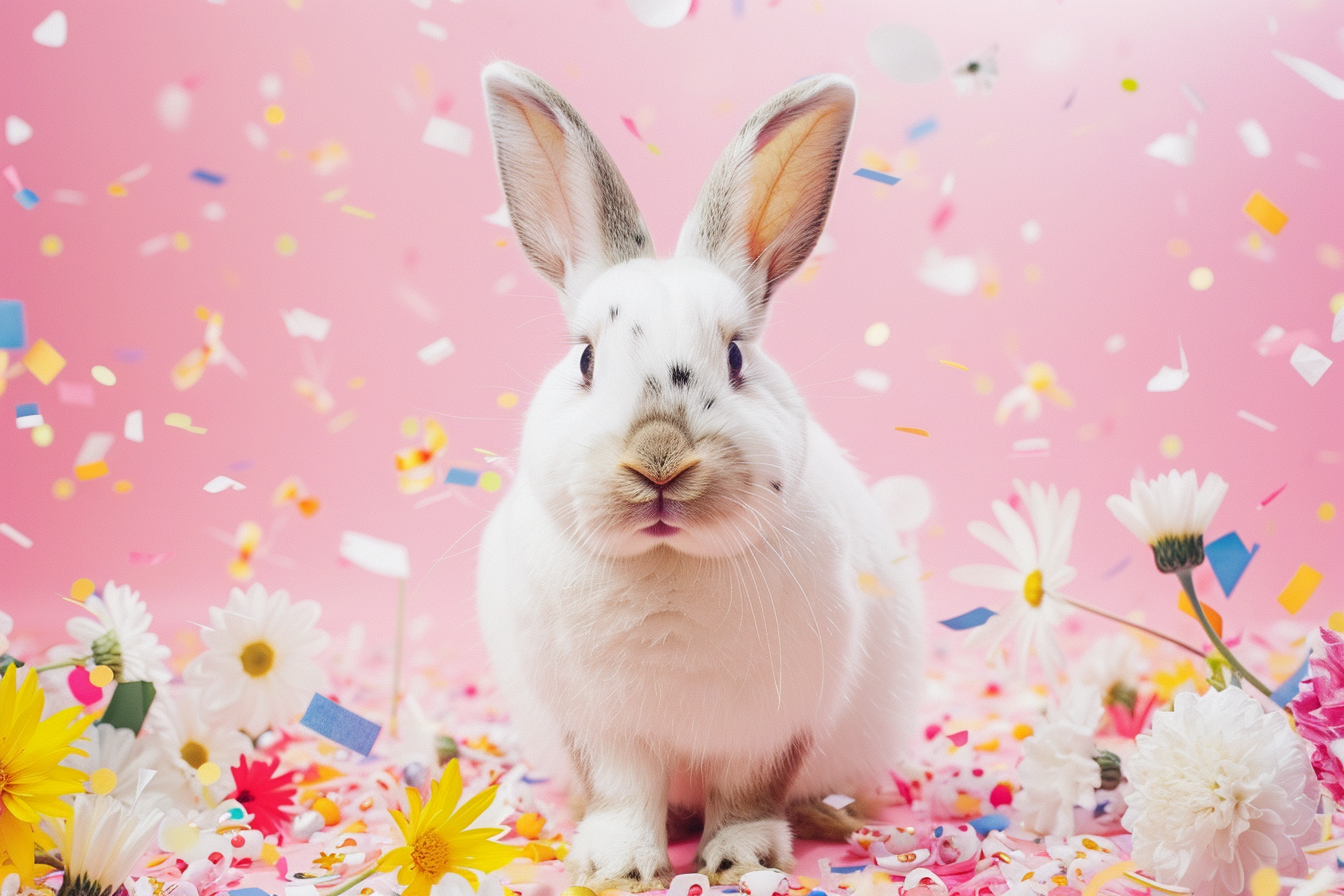 Image gratuite Lapin de Pâques coloré, fond rose, confettis, fleurs 6