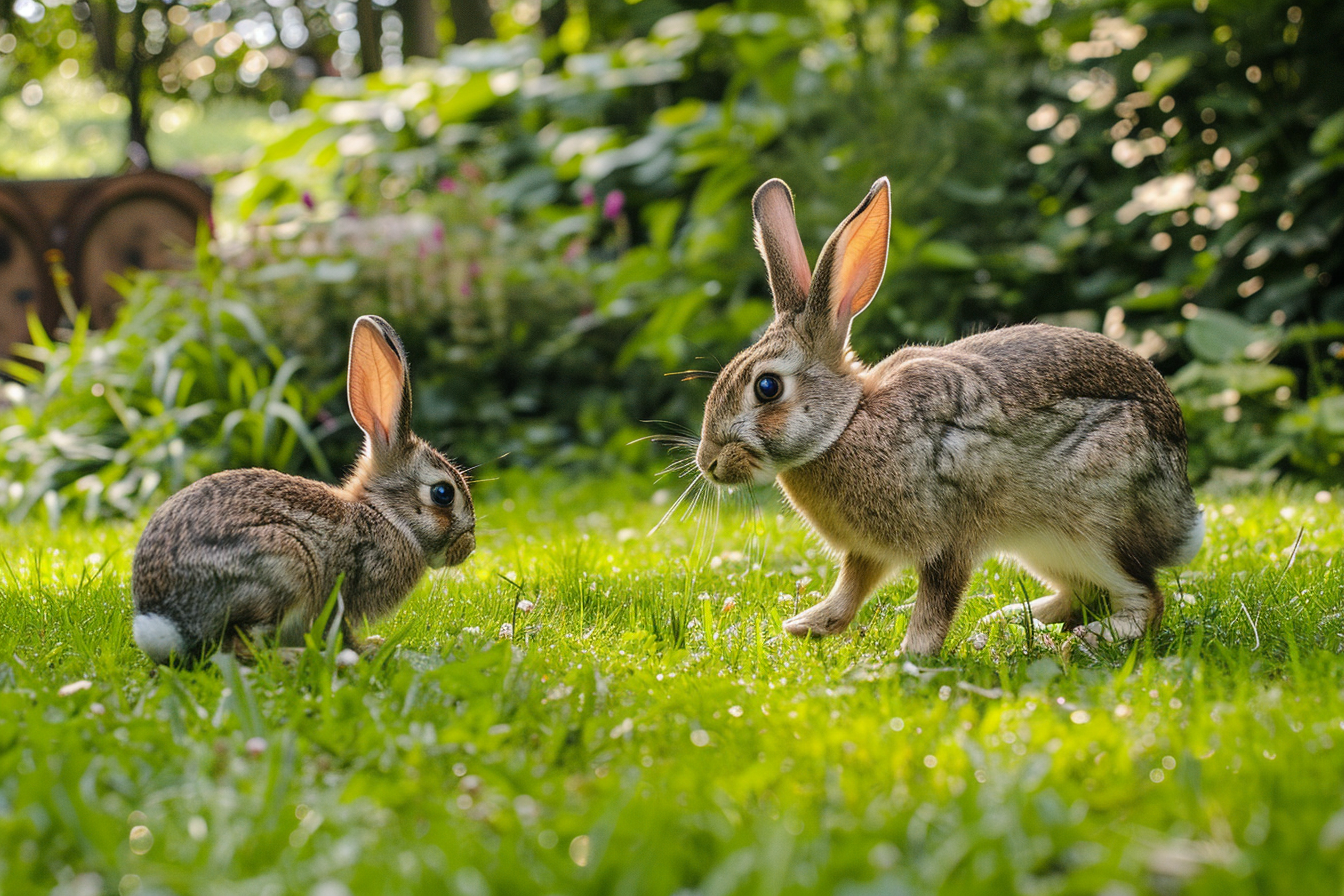 Image gratuite Lapin et lapereau sautant dans jardin luxuriant 1