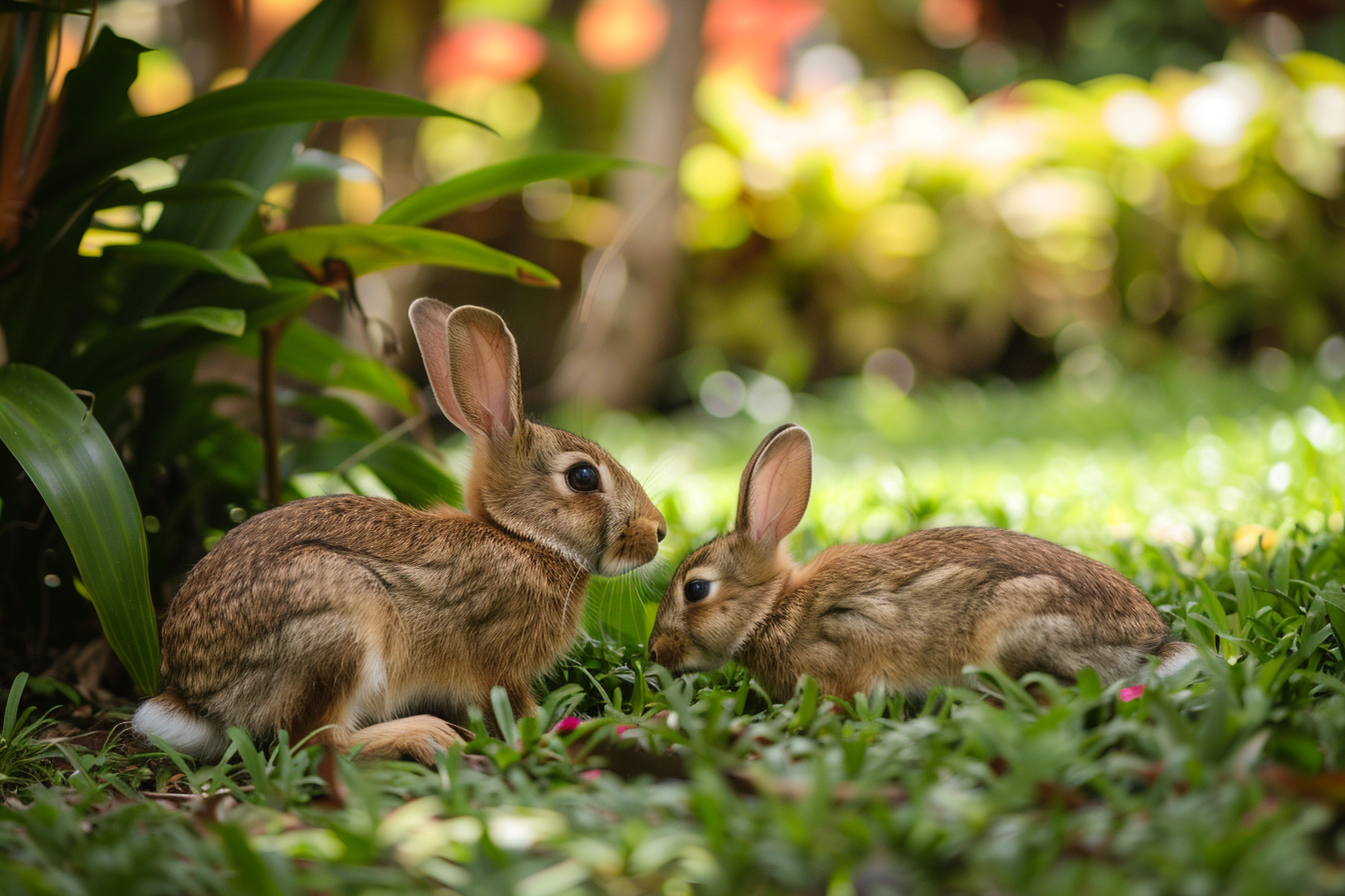 Image gratuite Lapin et lapereau sautant dans jardin luxuriant 2