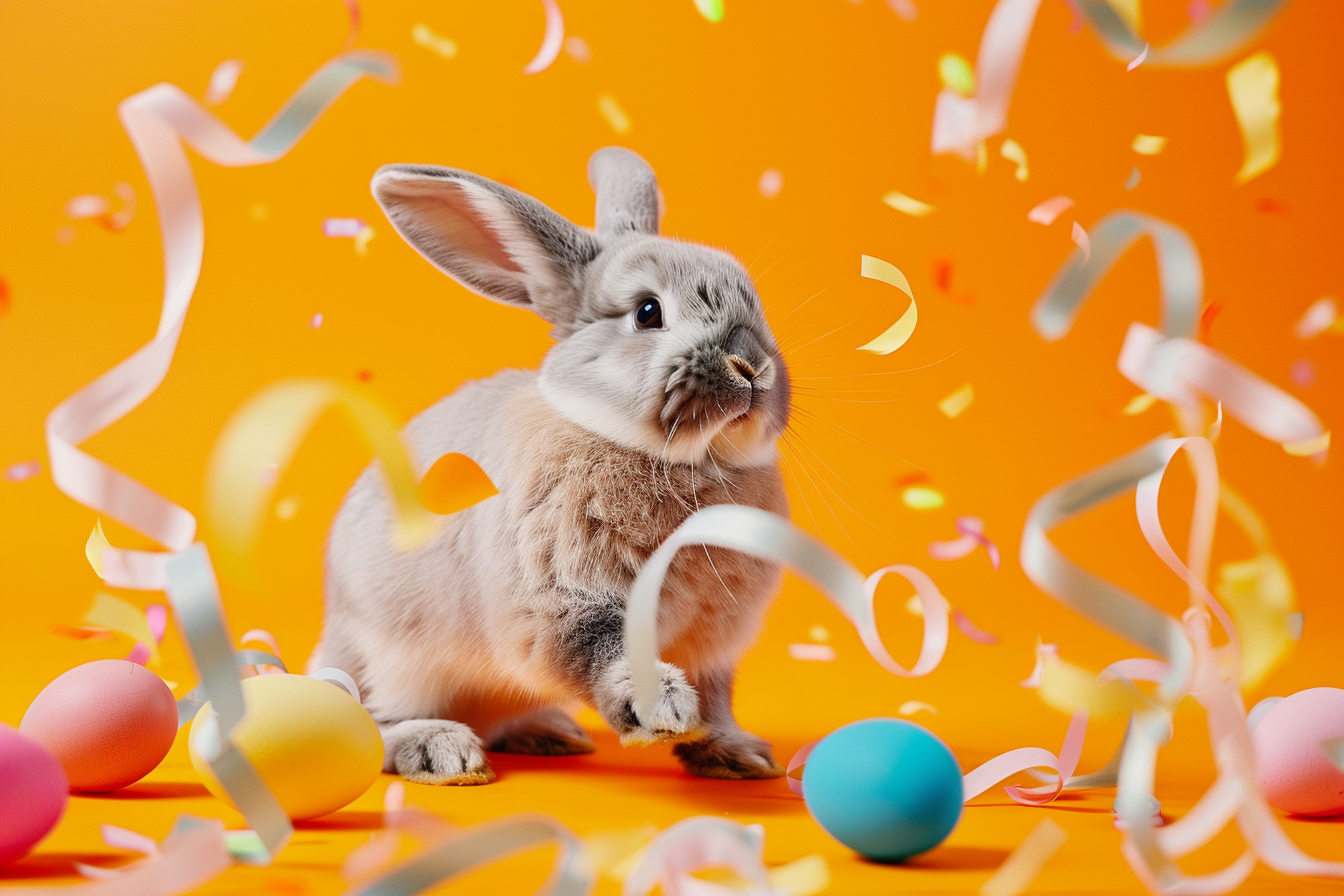 Image gratuite Lapin excité, œufs, rubans, fond orange 1
