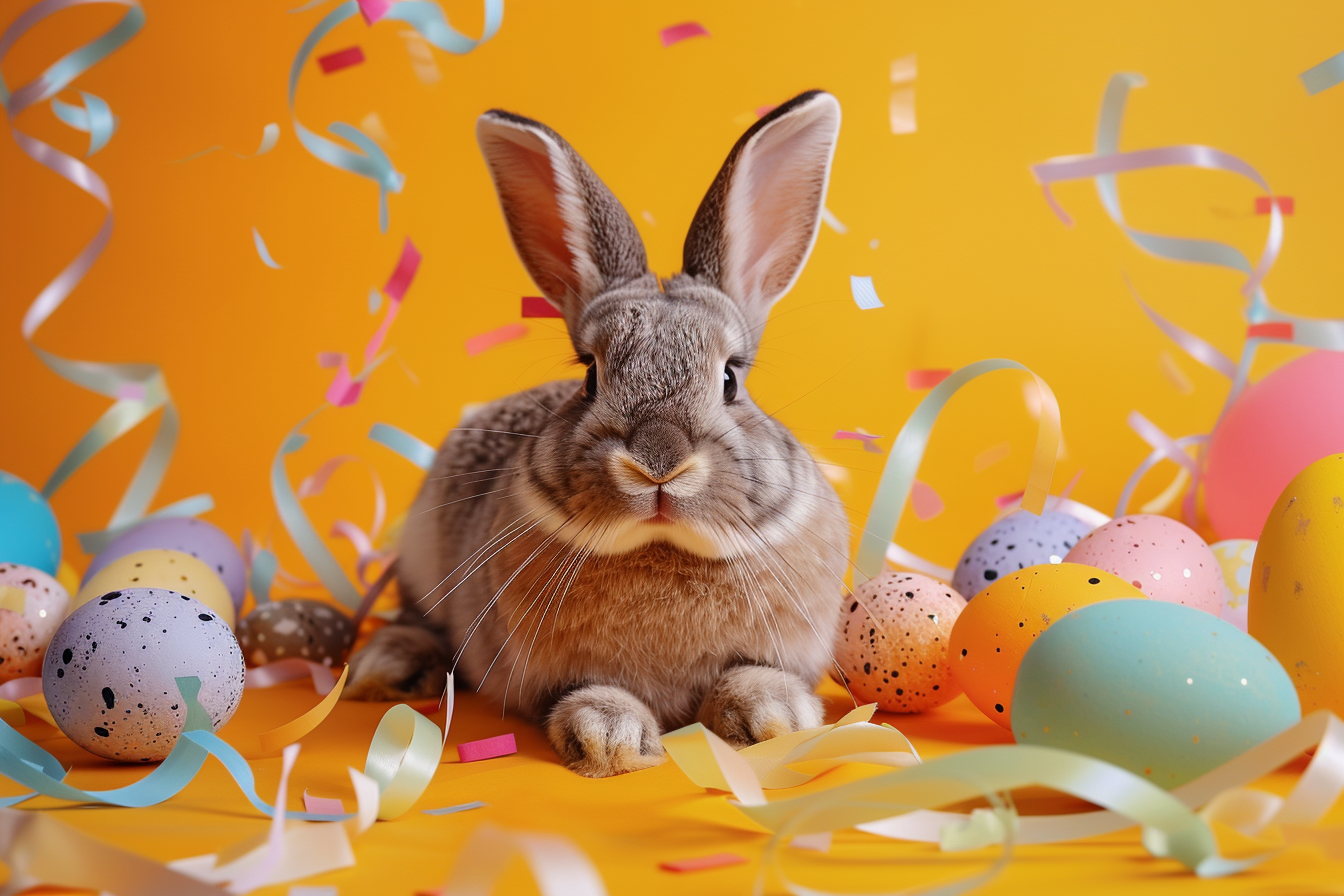 Image gratuite Lapin excité, œufs, rubans, fond orange 2