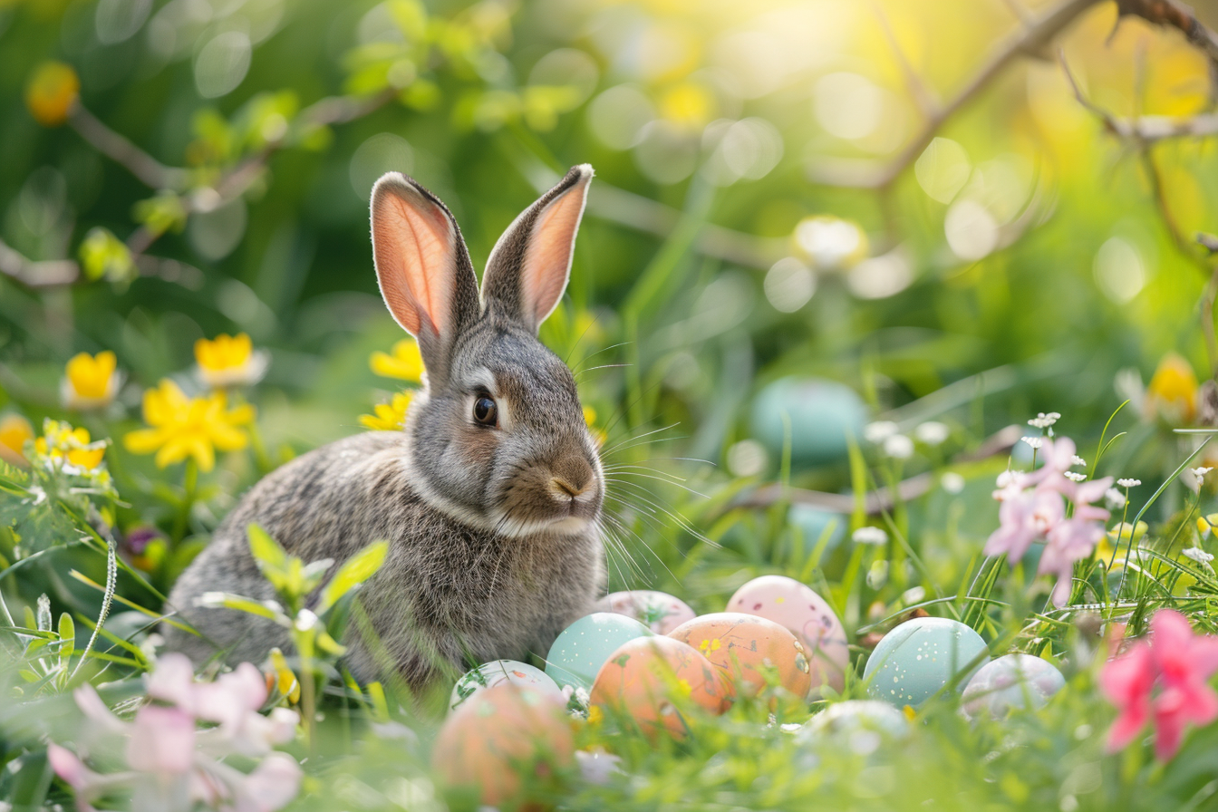 Image gratuite Lapin gris, œufs, prairie de fleurs sauvages 2